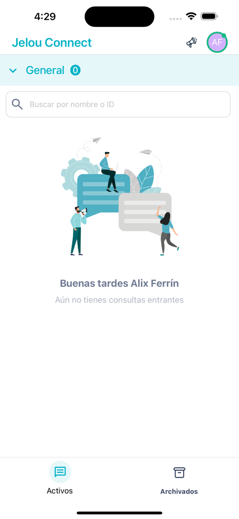Jelou Connect - Jelou Connect app dashboard with a welcome message and empty inbox illustration