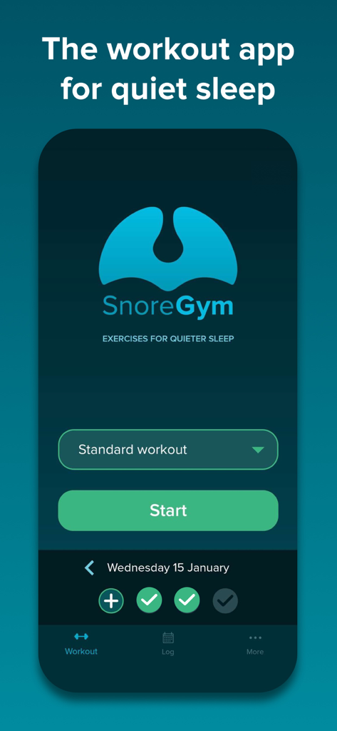 SnoreGym : Reduce Your Snoring - The home screen of the SnoreGym app featuring a start button for a standard snoring reduction workout