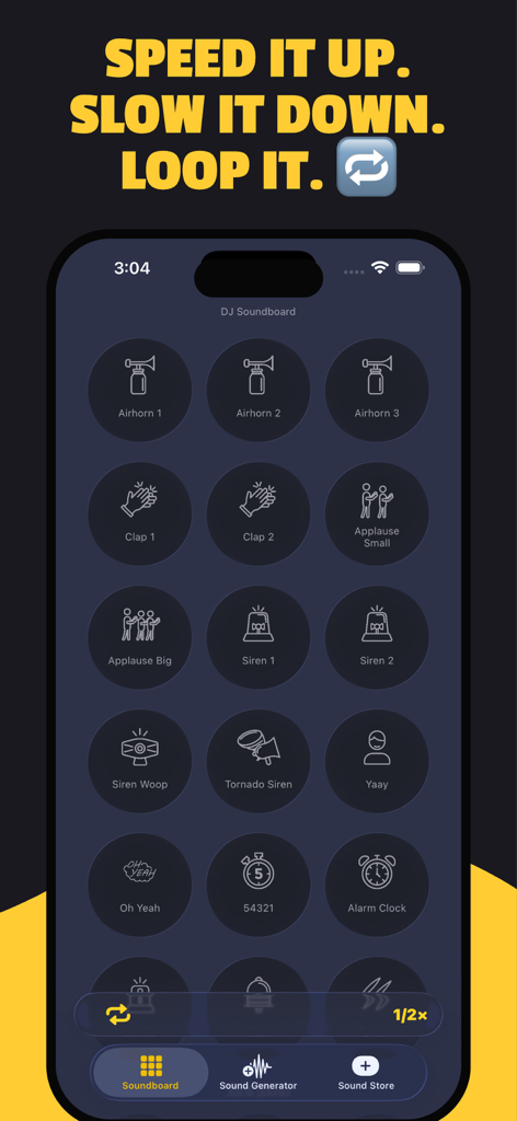 DJ Soundboard - DJ Soundboard app interface featuring sound effect buttons and tempo control settings