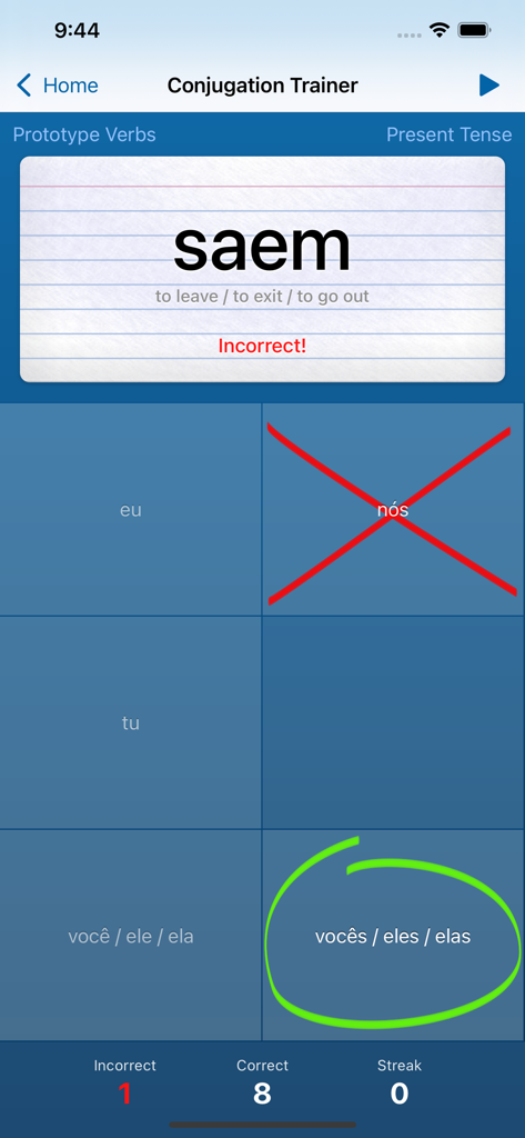 Portuguese Verbs Trainer - Portuguese Verbs Trainer app conjugation quiz screen showing answer feedback for the verb saem
