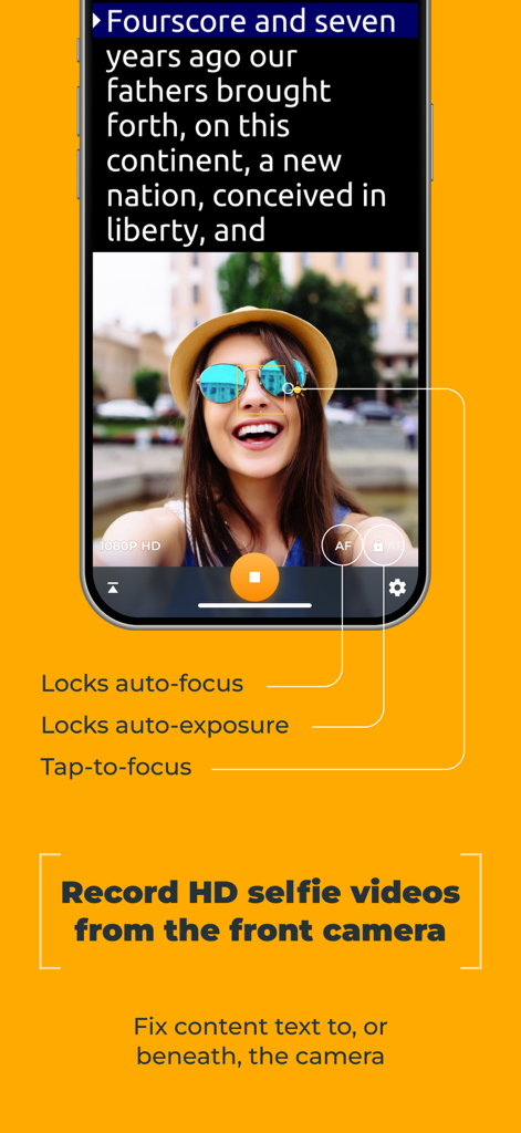 PromptSmart Pro app interface showing HD selfie video recording with integrated teleprompter text and camera controls