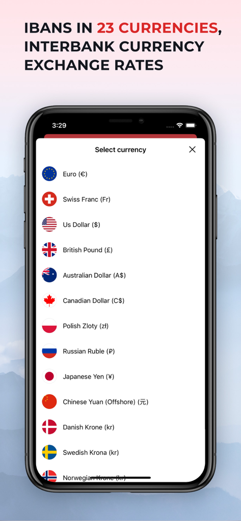 Dukascopy – Swiss Mobile Bank - List of 23 available currencies for a Swiss IBAN within the Dukascopy mobile banking app