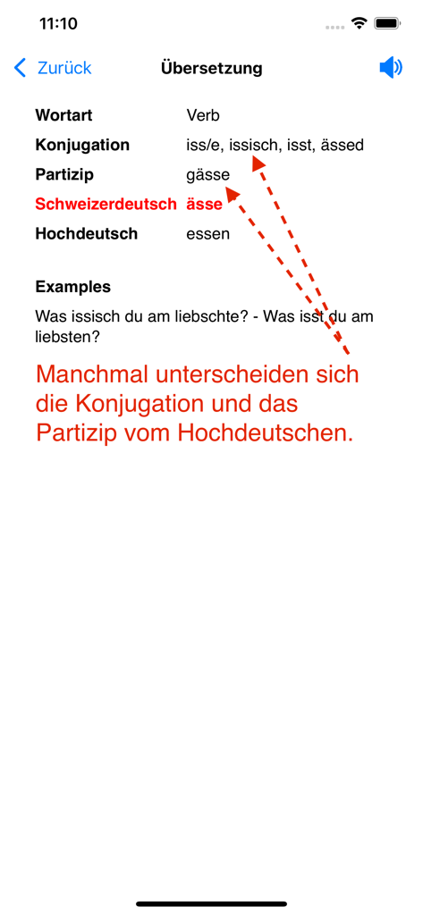 Bildschirm einer mobilen App, der die Übersetzung und Konjugation eines Verbs im Schweizerdeutschen mit Beispielen zeigt.