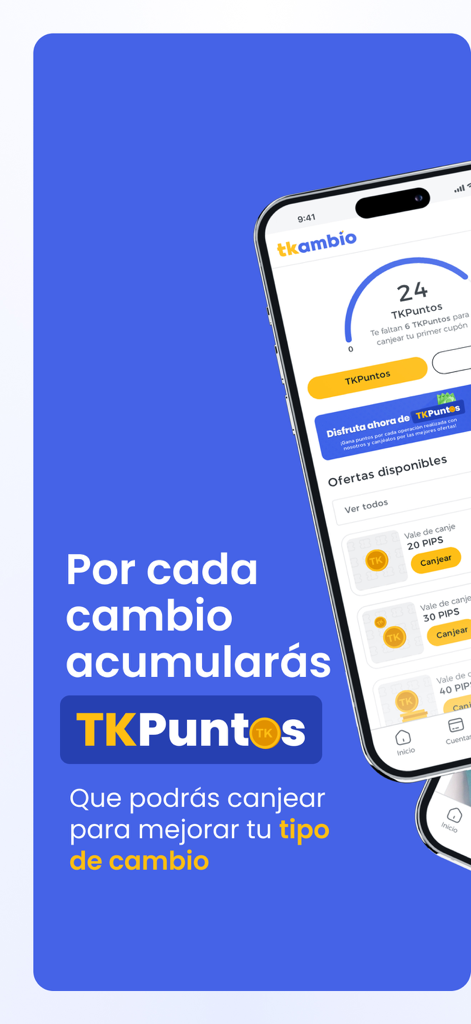 Schermata dell'app mobile TKambio che mostra il programma fedeltà TKPuntos per ottenere migliori tassi di cambio valuta