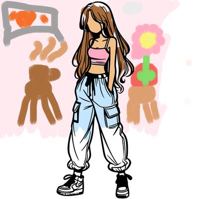 girl in baggy pants crop top and long hair