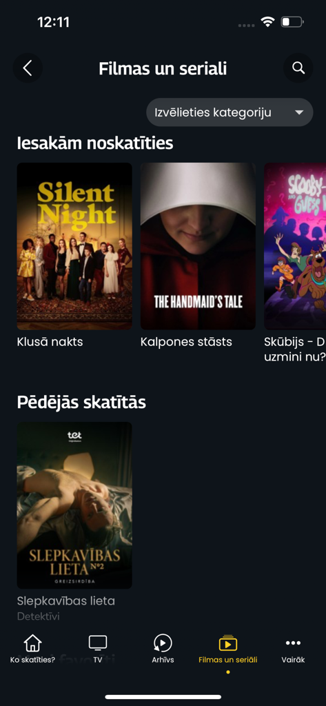 Tet TV mobile app interface showing movie and series recommendations in Latvian