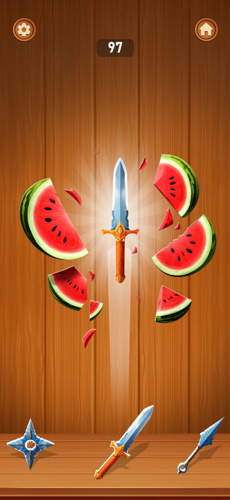 Knife hit mini game screen showing a sliced watermelon on a wooden background