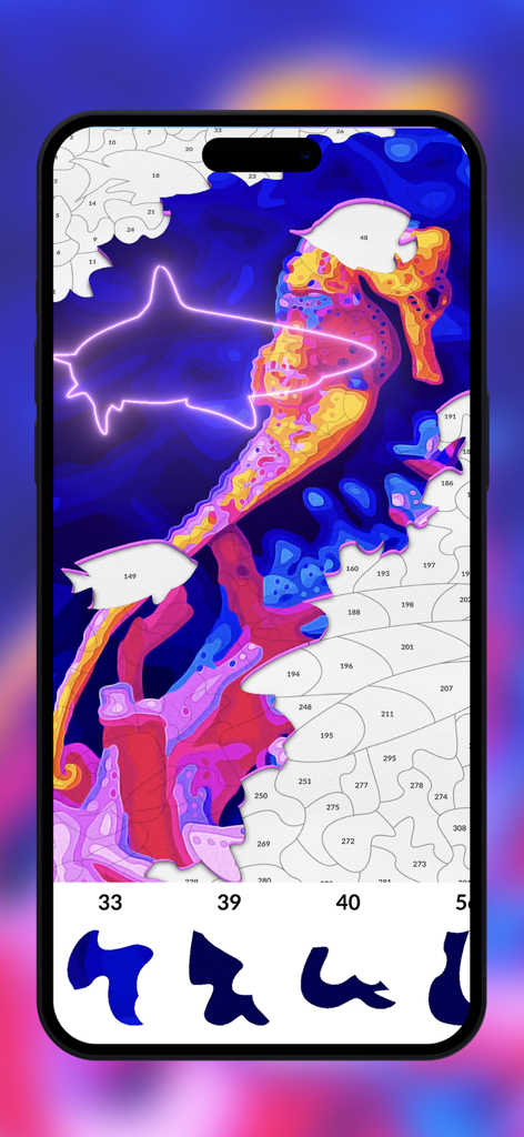 Jigsaw Puzzle by numbers - A colorful seahorse jigsaw puzzle gameplay screen showing irregular pieces and number matching