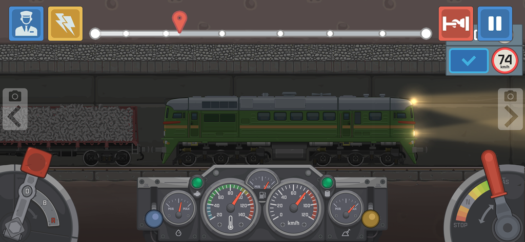 Train Simulator: Railroad Game - Una locomotora diésel verde transportando carga a través de un túnel con un panel de control detallado que muestra la velocidad y los indicadores del motor.
