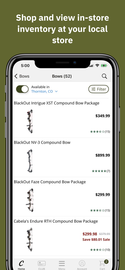 Cabela's mobile app screen showing a list of compound bows with prices and local store inventory status