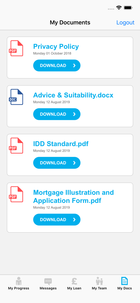 MyFluent - The My Documents section of the MyFluent app showing a list of downloadable loan application files and policy forms