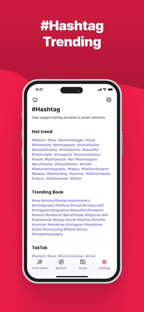 ClipCatch: Save & Edit Video - ClipCatch app interface displaying lists of trending hashtags for social media discovery and content growth.