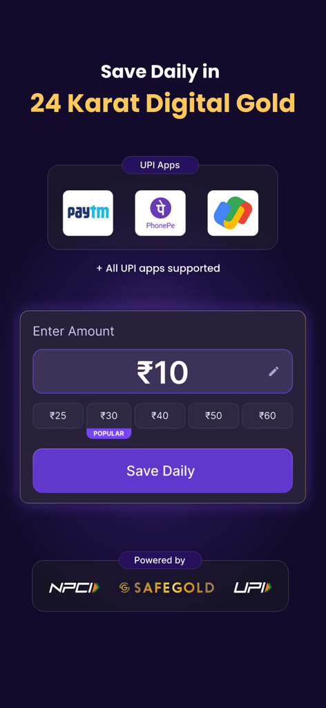 Jar app interface for daily digital gold savings showing UPI payment options and investment amount selection
