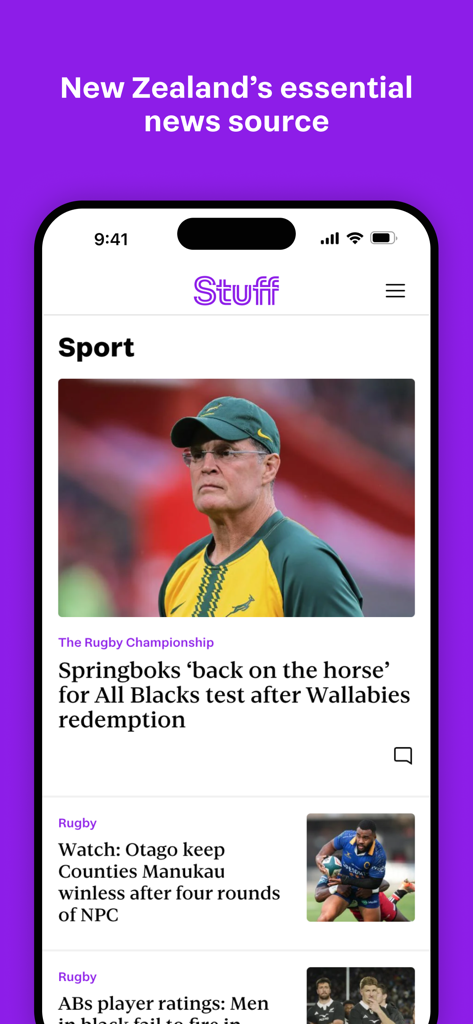 Stuff.co.nz - Captura de pantalla de la app móvil Stuff.co.nz mostrando la sección de noticias deportivas con un titular de rugby sobre los Springboks y los All Blacks