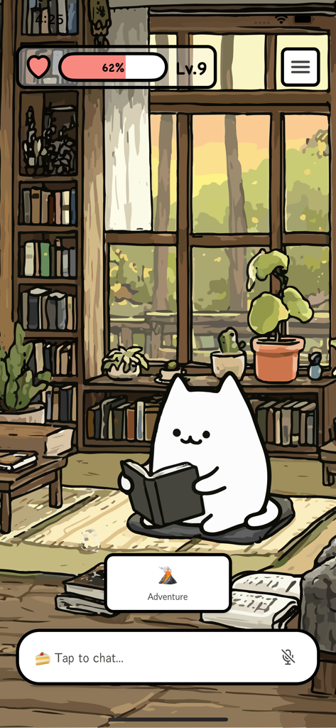 Un gato de dibujos animados blanco leyendo un libro en una acogedora sala de biblioteca con elementos de interfaz RPG
