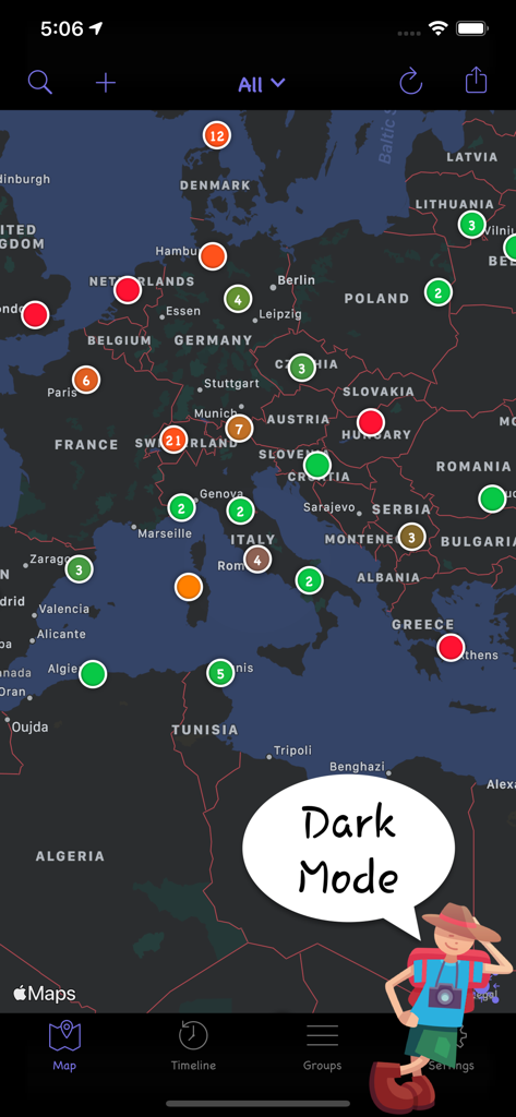 Um mapa de rastreamento de viagens da Europa em modo escuro mostrando pins coloridos para locais visitados.