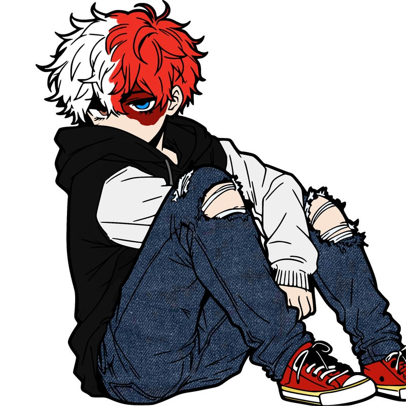 a male hoddie ripped jeans messy hair anime