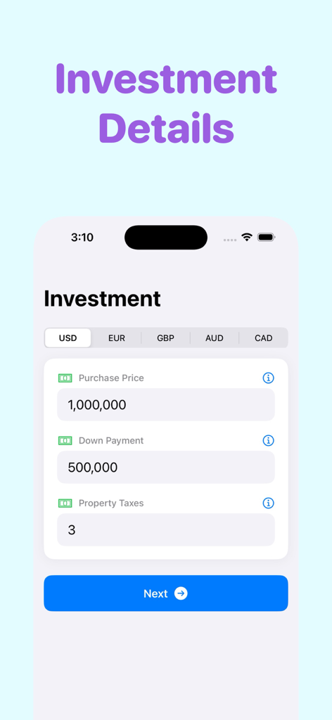 Real estate investment input screen for IRR calculation