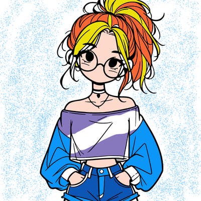 girl with a messy ponytail glasses a baggy crop top and jean shorts