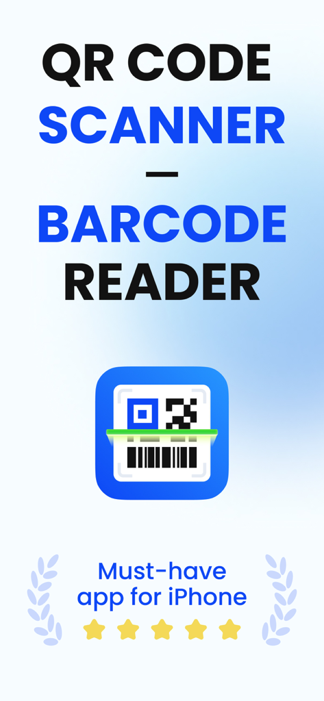 QR Scanner & AI Card - Pantalla introductoria de la aplicación Escáner QR y Lector de Códigos de Barras para iPhone con una calificación de cinco estrellas y coronas de laurel.