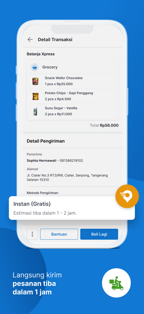 Screenshot of the Klik Indomaret app showing transaction details for a grocery order and instant delivery information