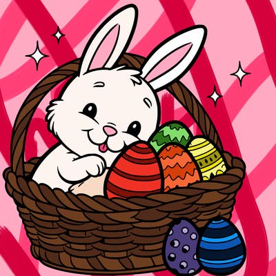 easter bunny in a basket with eggs in the basket