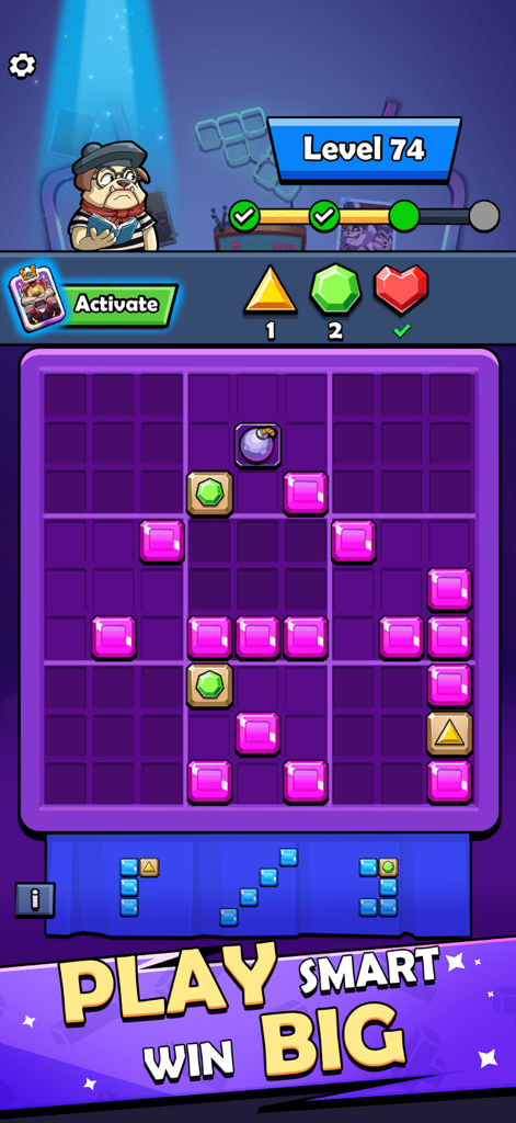 Pantalla de juego de puzles de bloques que muestra una cuadrícula con bloques coloridos y gemas debajo del texto Juega Inteligente Gana en Grande