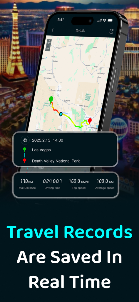 Speedometer GPS app displaying travel records with route map and driving statistics