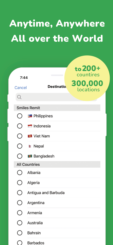 Smiles Mobile Remittance - Smiles Mobile Remittance app screen showing international money transfer options to over 200 countries