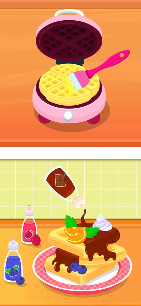 Donut Maker Games for Kids 4-5 - A kids game interface showing a pink waffle maker and a plate of waffles decorated with chocolate sauce and fruit