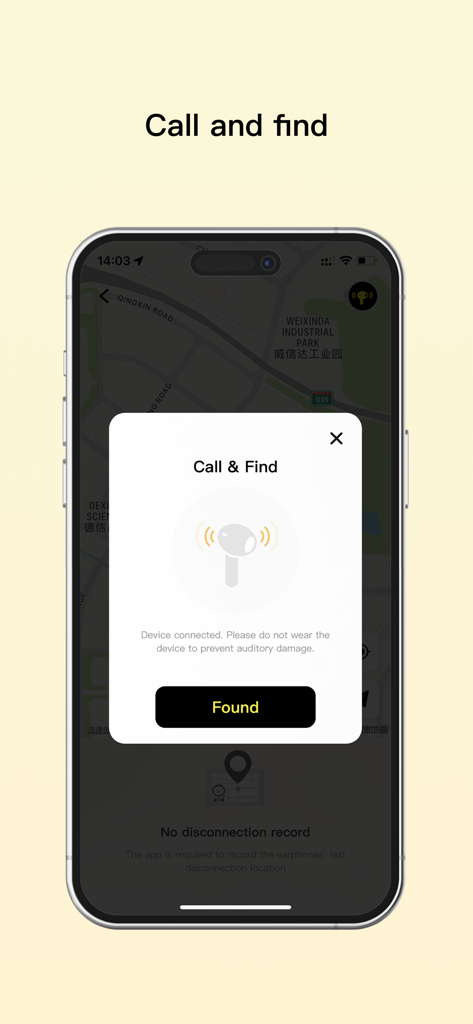 Baseus app interface showing the Call and Find feature to locate lost wireless earbuds on a map.
