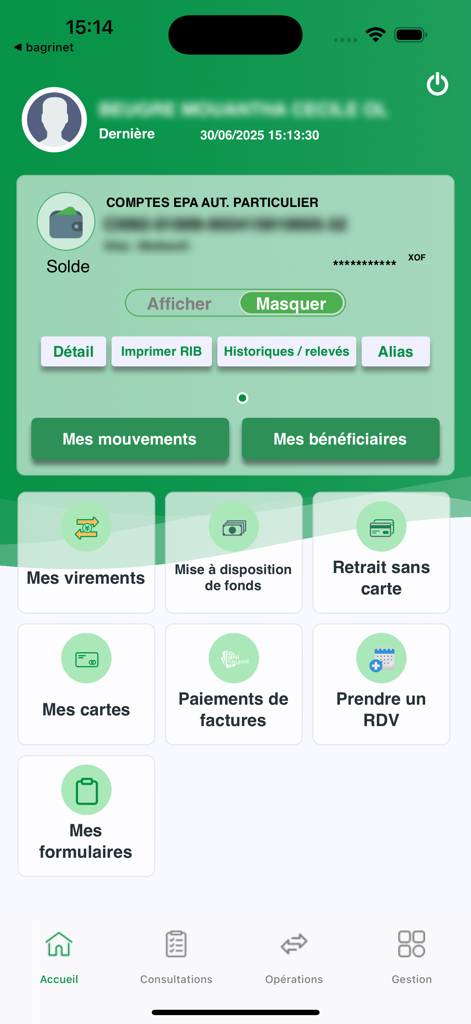 BNIONLINE - BNIONLINE mobile banking dashboard showing account balance and service icons like transfers and bill payments in French
