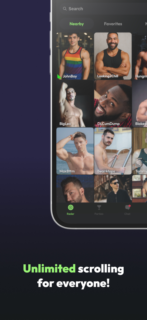 BUMP: Gay adventure app - BUMP app interface showing a nearby grid of user profiles and a tagline for unlimited scrolling