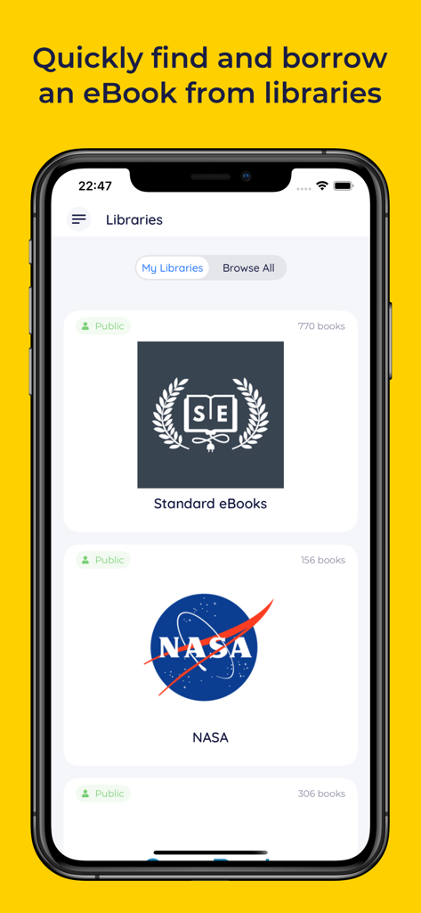 BookFusion app interface showing a list of public eBook libraries including NASA and Standard eBooks on an iPhone