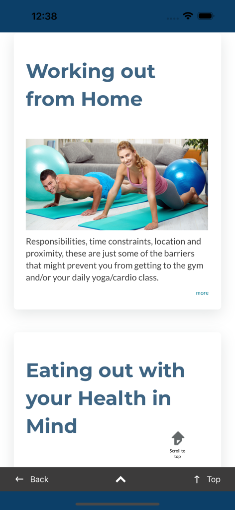 CircleWellness - CircleWellness app display showing wellness articles for home workouts and healthy eating
