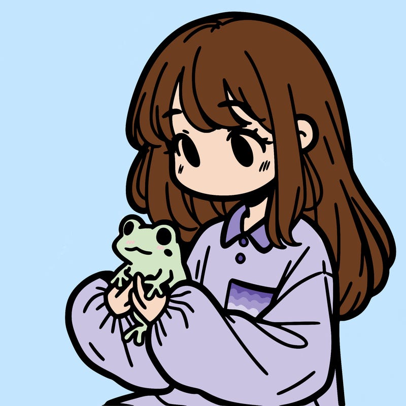 girl with long hair and a oversized shirt. and she is holding a frog
