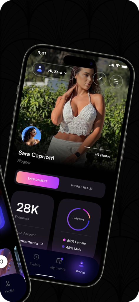 The Secret Society - Influencer profile view in The Secret Society app showing follower count and audience demographics.