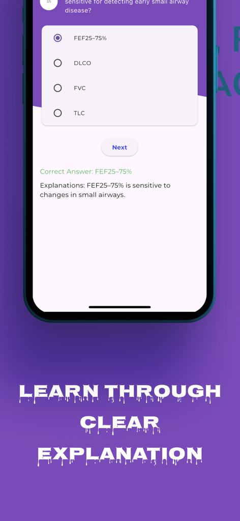 Respiratory Therapist NBRC - Uma tela móvel mostrando uma questão prática de terapia respiratória com uma explicação detalhada para a resposta correta.