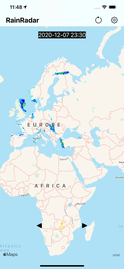 World Rain Radar - World map view in the RainRadar app showing real-time precipitation across Europe and Africa