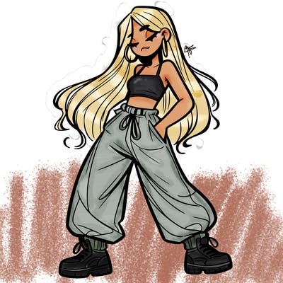 girl in baggy pants crop top and long hair