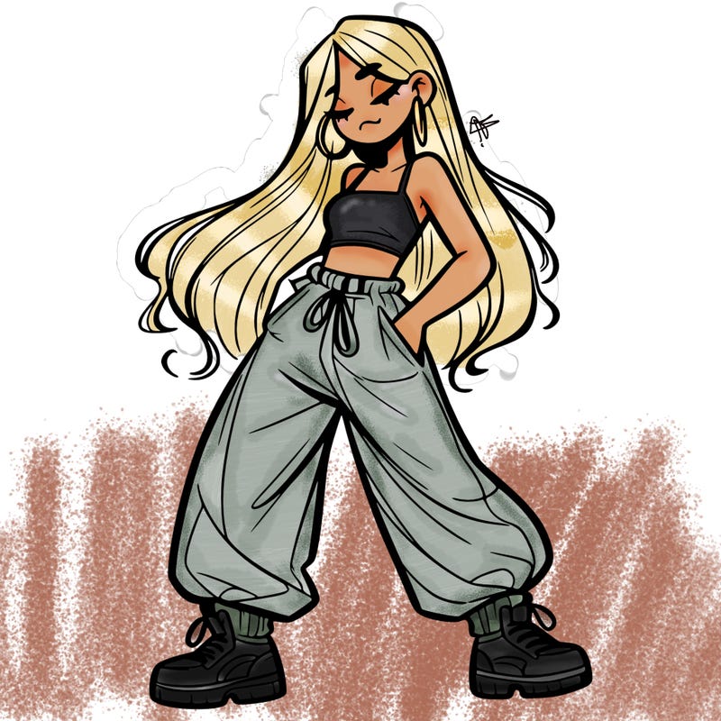 girl in baggy pants crop top and long hair