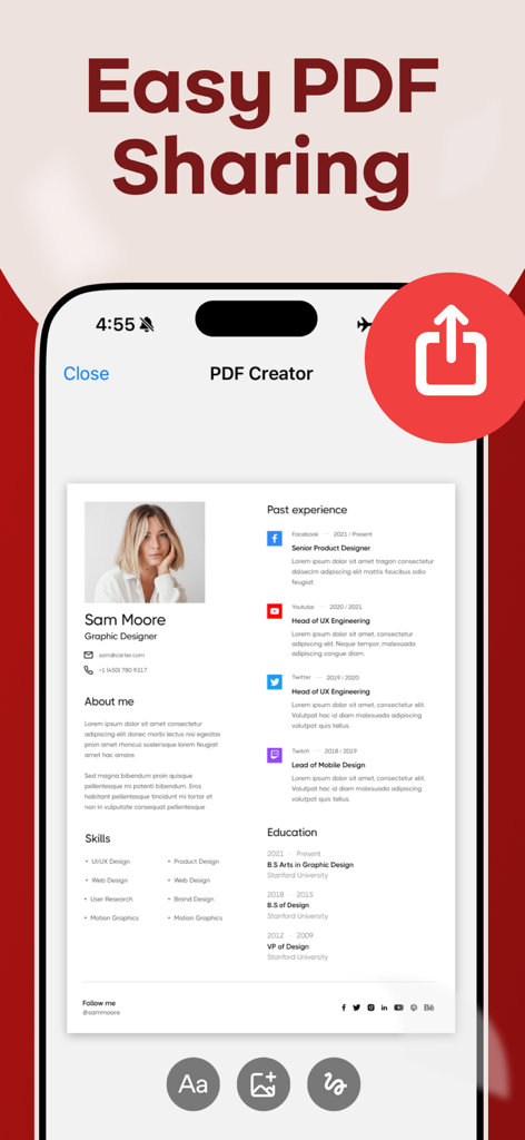 PDF Creator & Document Maker - Écran d'application mobile montrant un CV professionnel en cours de préparation pour un partage PDF facile