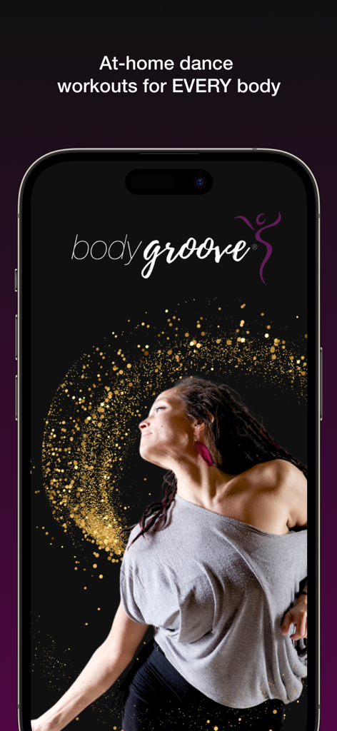 Body Groove - A woman dancing joyfully on the Body Groove app interface with the tagline at-home dance workouts for every body