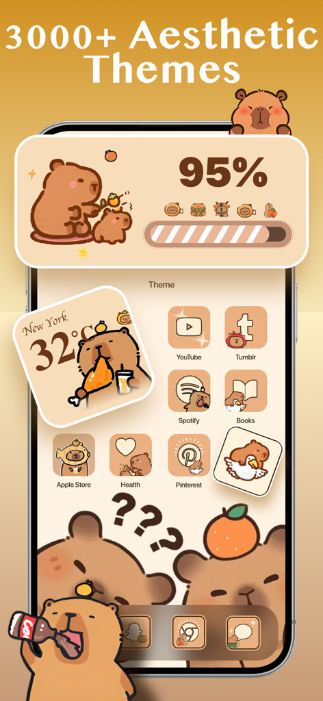 Cool Maker: Wallpaper & Font - iPhone home screen featuring a cute capybara aesthetic theme with customized widgets and app icons
