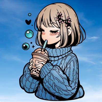 manga girl drinking boba in cozy sweater