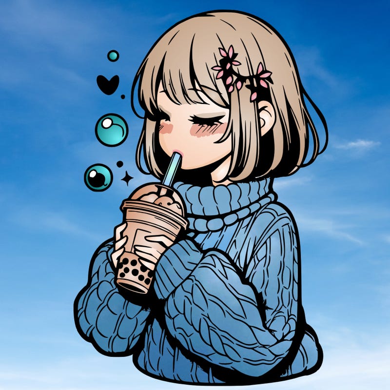 manga girl drinking boba in cozy sweater