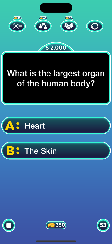 General Knowledge : Quiz Game - A science trivia question in the General Knowledge Quiz Game asking what is the largest organ of the human body with options for heart and skin