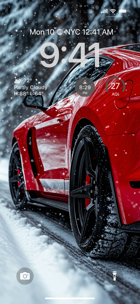 Cone AI Wallpapers 4K & 6К HD - Fondo de pantalla 4K de coche deportivo rojo en un bosque nevado generado por IA en una pantalla de bloqueo de iPhone
