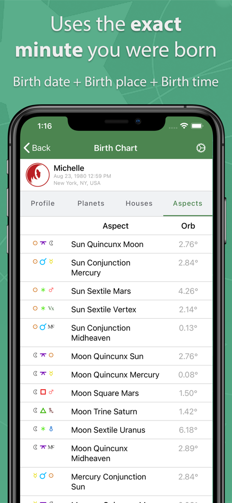 Astrolis Horoscopes & Tarot - A detailed view of astrological aspects in a personalized birth chart on the Astrolis mobile app interface.