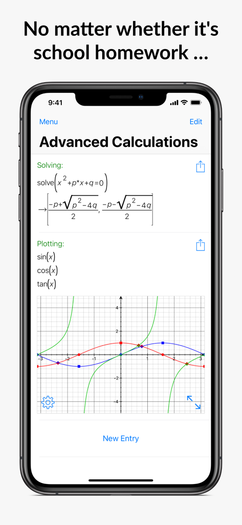 Mathematics with PocketCAS Pro - Mathematics app interface showing a quadratic equation solution and a trigonometric function graph on an iPhone